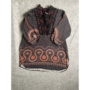 Ethnic by Outfitters Fusion Embroidered Boho Tunic Blouse Black Orange Womens S